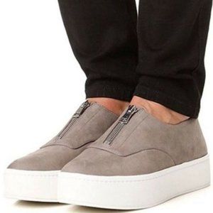 Vince Slip On Platform Sneakers Grey Suede Leather Front Zip US 9